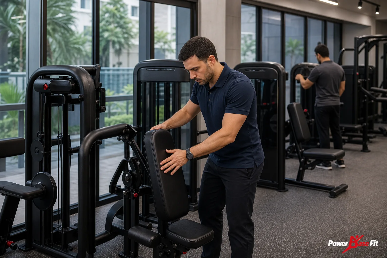 مشهد تخطيط تجاري يوضح نقل معدات الجيم