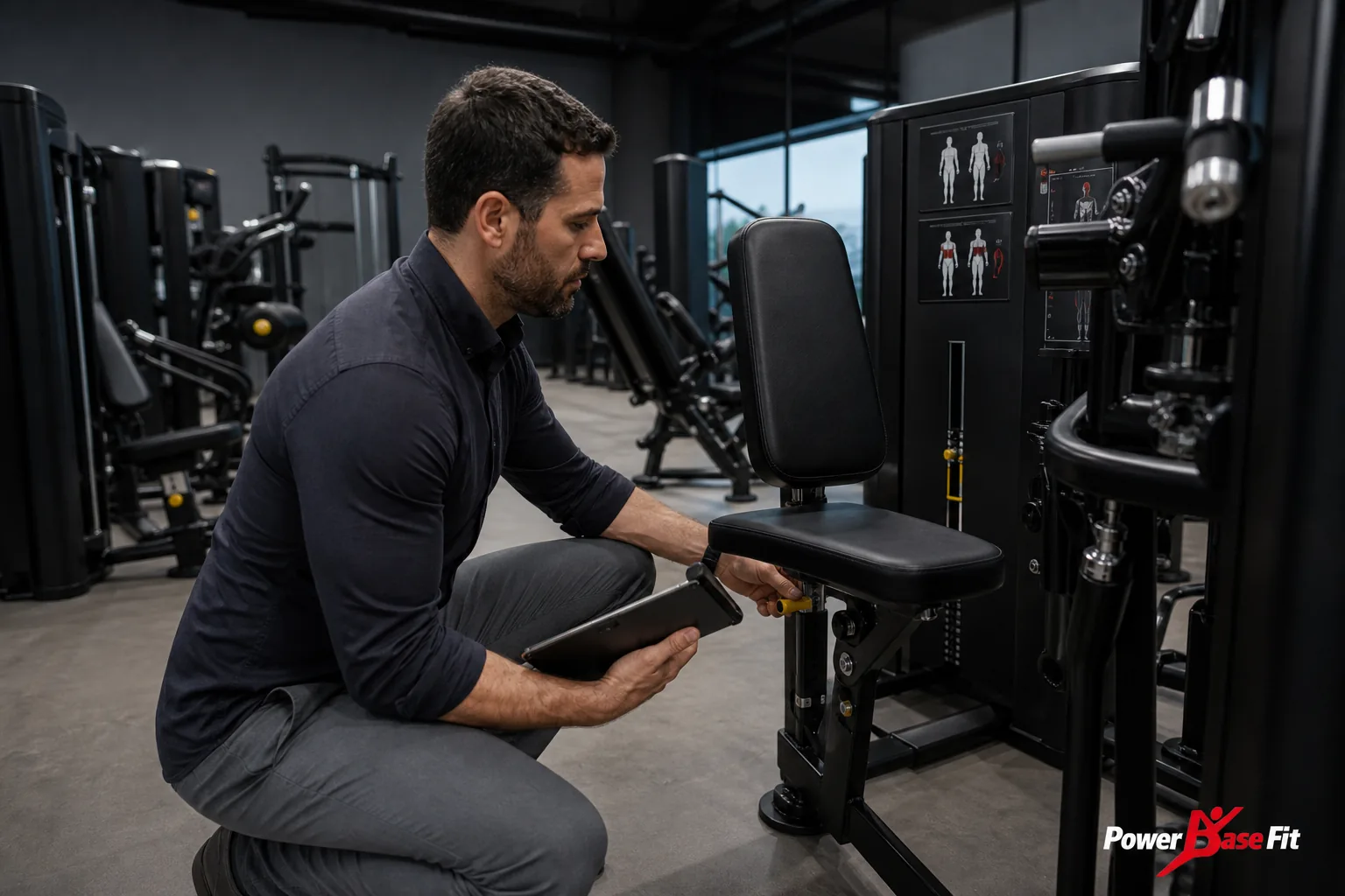 Escena de planificación comercial sobre máquinas gimnasio distintas estaturas
