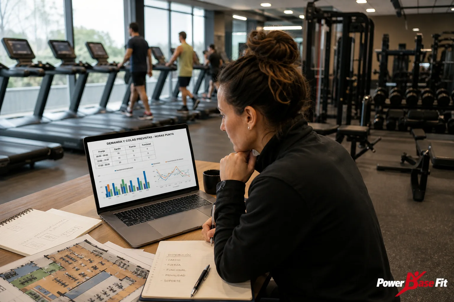 Escena de planificación comercial sobre inversión cardio y fuerza gimnasio