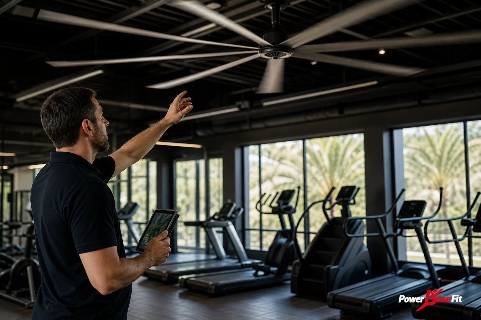 Cena de planejamento profissional sobre ventilação área cardio academia
