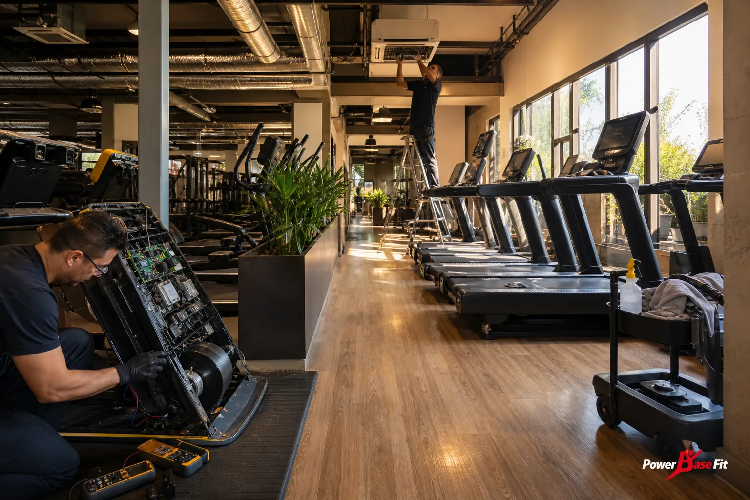 Detalhe de inspeção do fabricante para ventilação área cardio academia