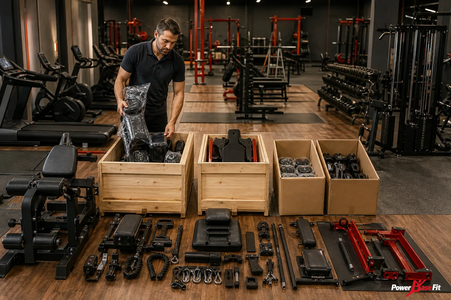 Cena de planejamento profissional sobre showroom equipamentos fitness