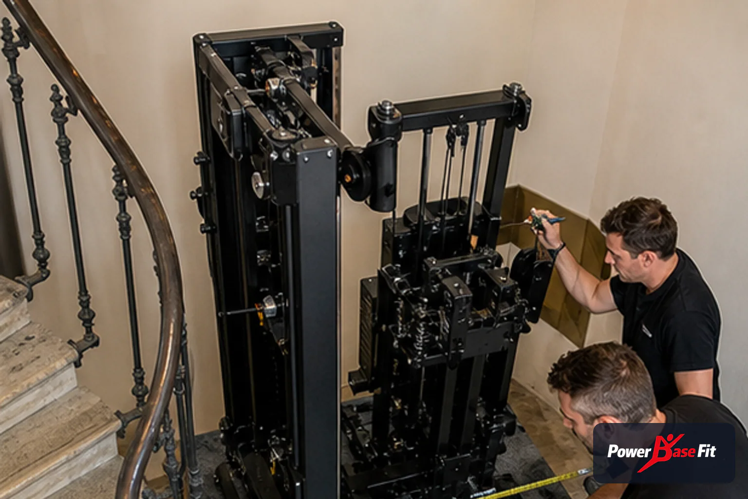 Scène de planification professionnelle pour installation matériel fitness bâtiment ancien