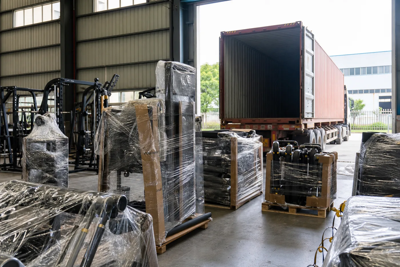 Commercial gym equipment container loading preparation for export order