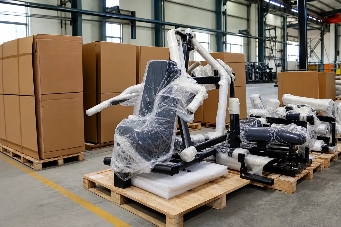 Commercial gym equipment export packaging preparation with protective materials