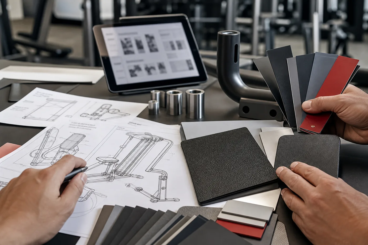 OEM commercial gym equipment technical communication with drawings and material samples
