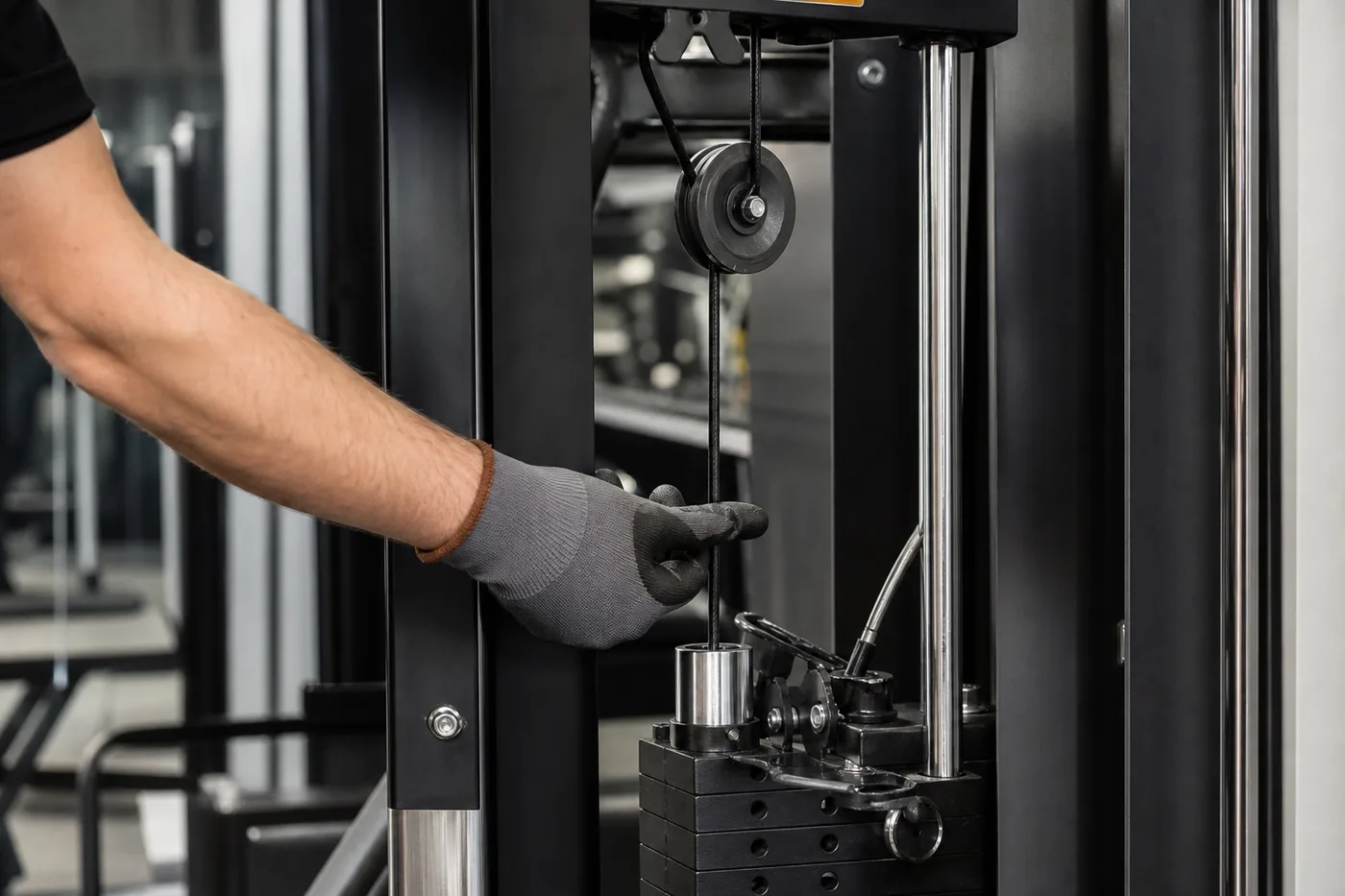 Cable pulley and weight stack inspection on selectorized commercial gym equipment