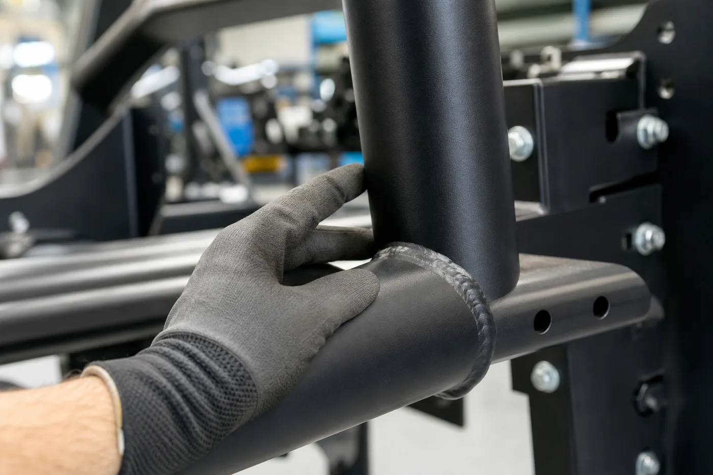 Commercial strength equipment frame weld and powder coating inspection close-up