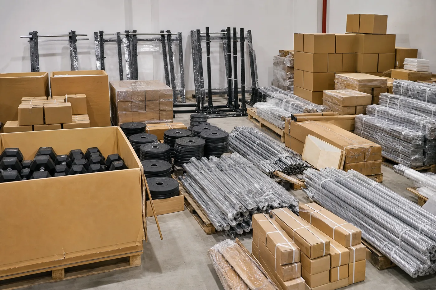 Commercial gym accessories and free weights packed for export container planning
