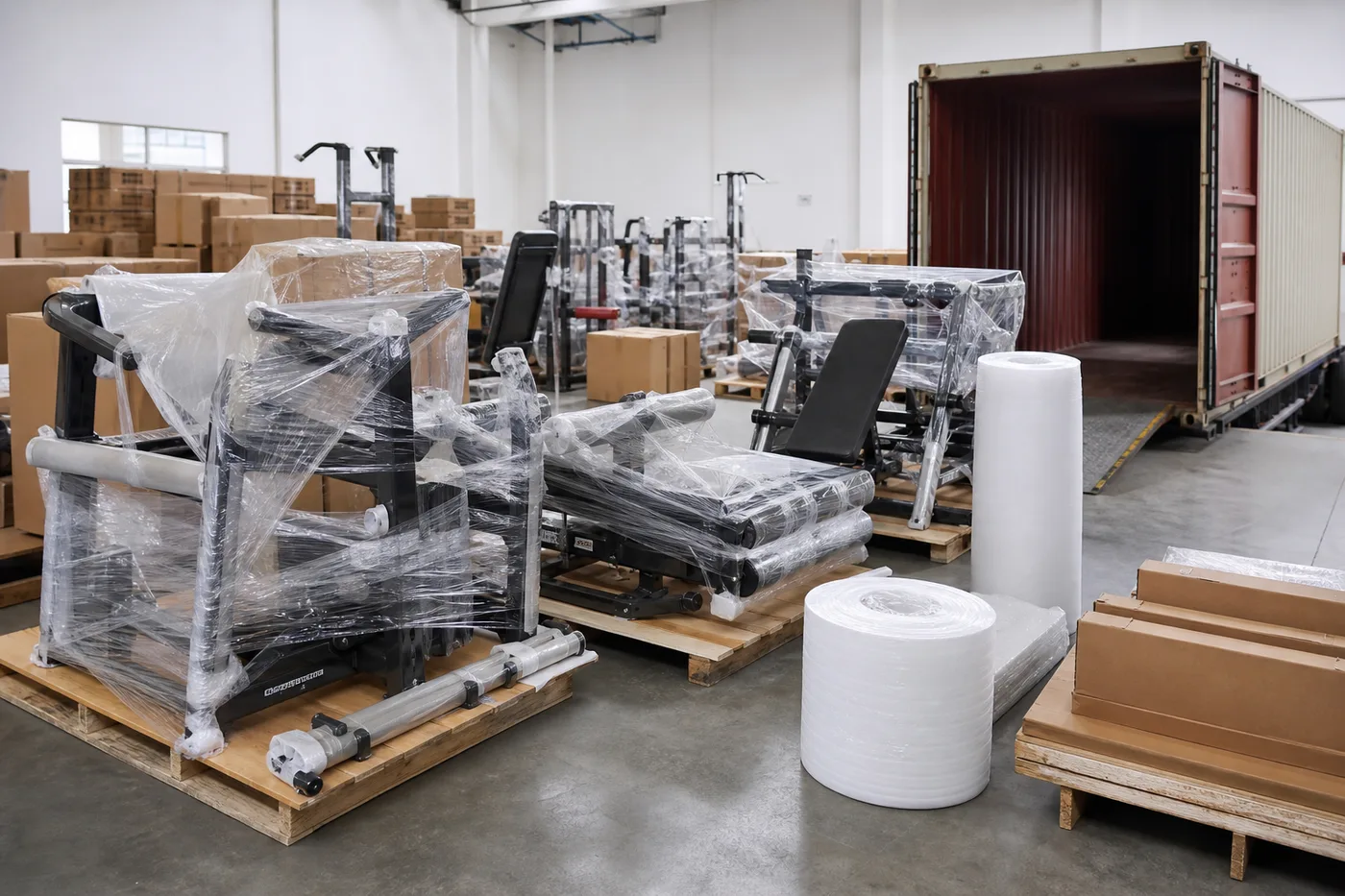 Commercial gym equipment packed on pallets with safe loading clearance in warehouse