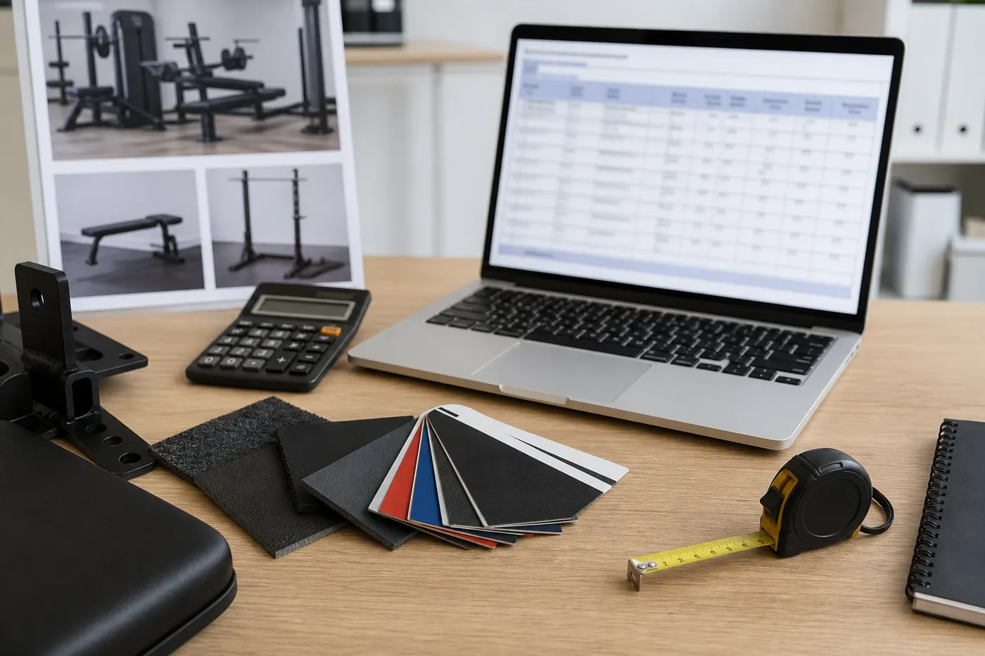 Commercial gym equipment quotation preparation workflow with samples and planning materials