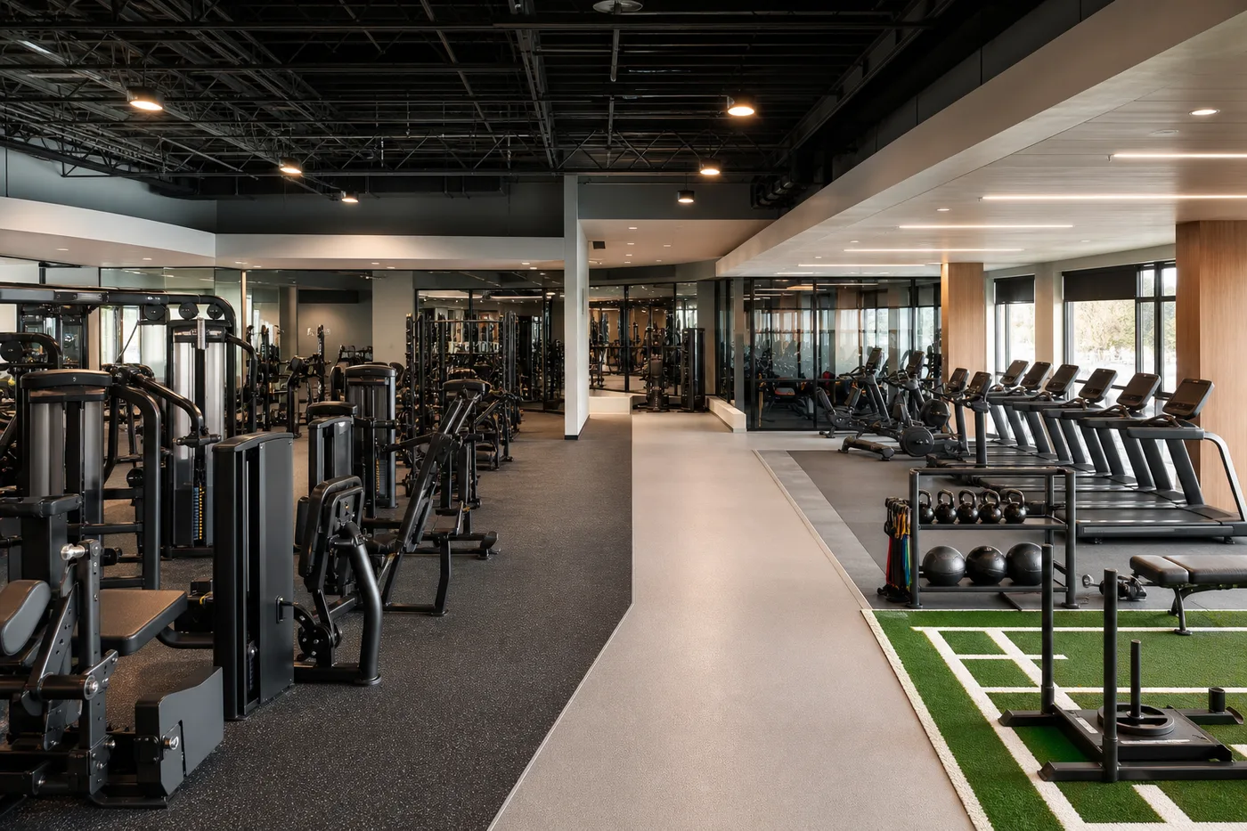 Commercial gym interior concept with strength cardio and functional training zones