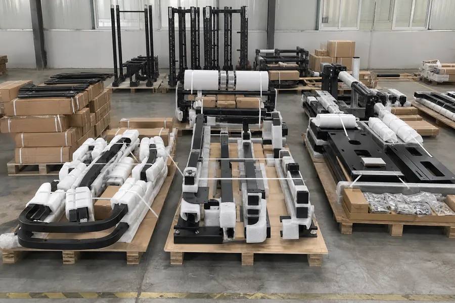 Commercial gym equipment components protected on pallets for export packing inspection