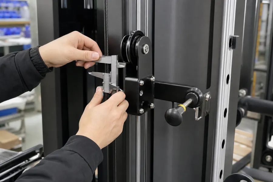 Technician checking cable pulley alignment and adjustment points on commercial gym equipment