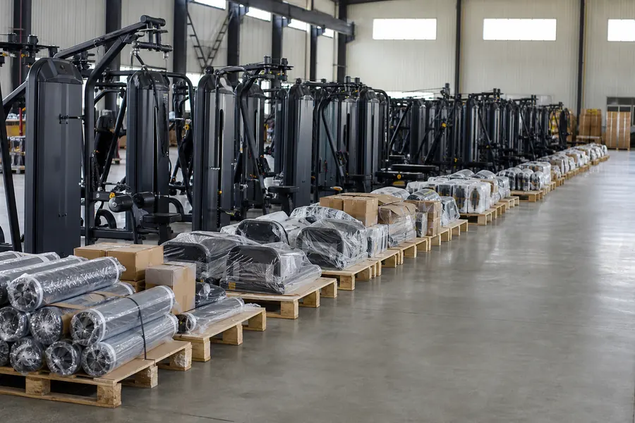 Commercial gym equipment staged in repeatable groups for multiple locations