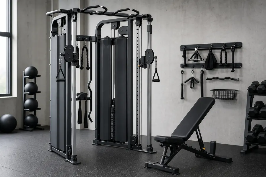 Commercial dual adjustable pulley functional trainer with attachments and bench