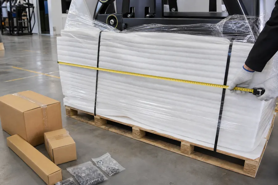 Technician measuring protected commercial gym equipment package dimensions
