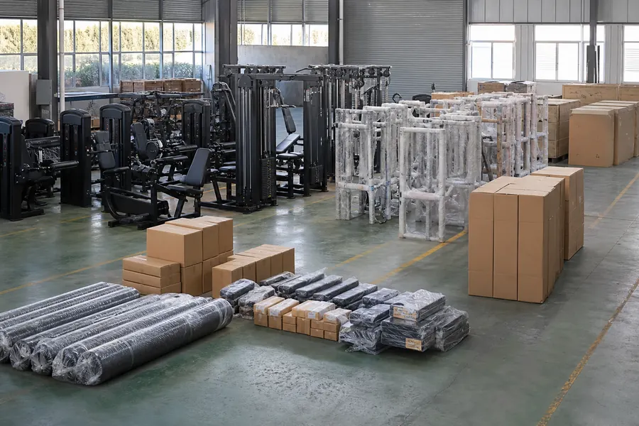 Commercial gym equipment shipment staged for final quantity and packing review