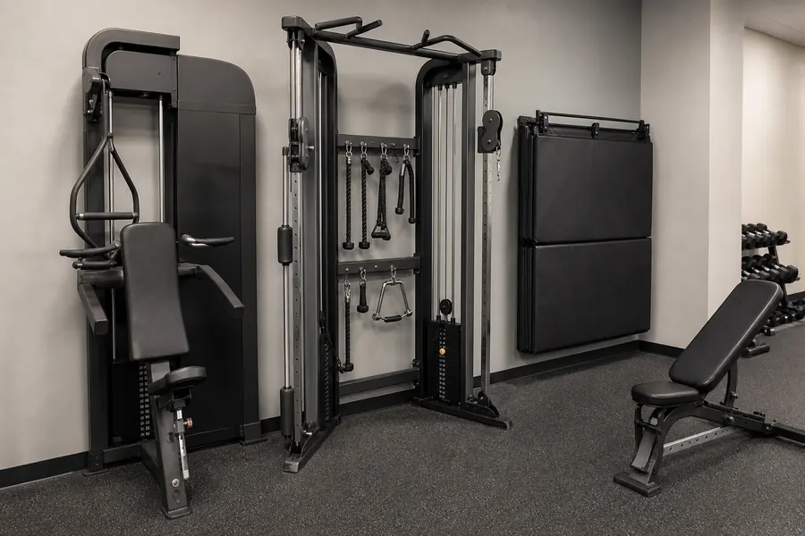 Compact wall-adjacent selectorized strength and functional cable equipment