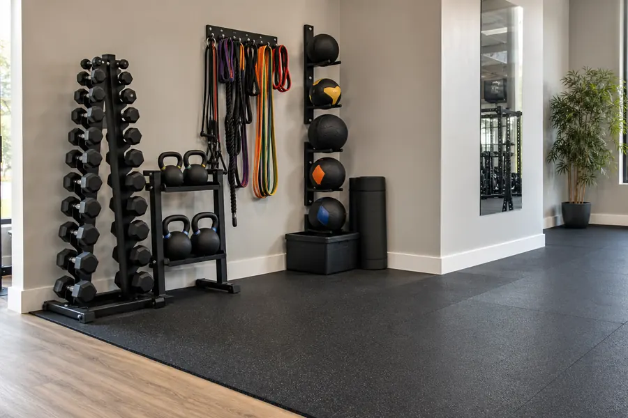 Vertical dumbbell kettlebell attachment and mat storage with commercial gym flooring