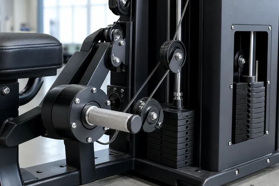 Cable drive and pulley detail on a commercial forearm training machine