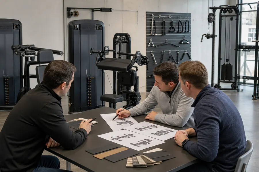 Distributor and manufacturer reviewing specialized arm equipment in a commercial showroom