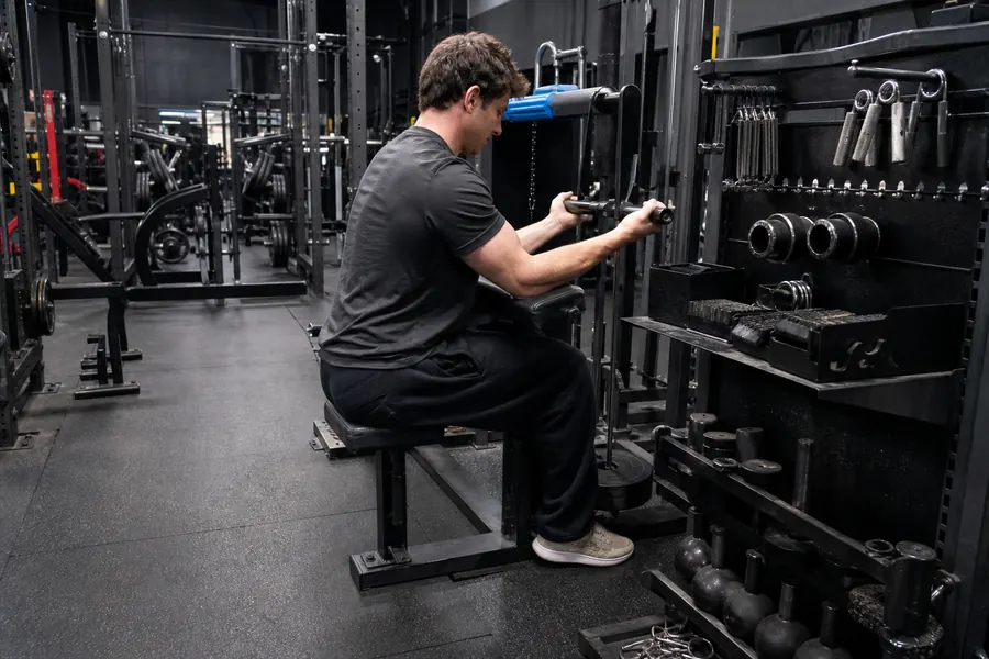Commercial strength club grip training zone with wrist forearm and storage equipment