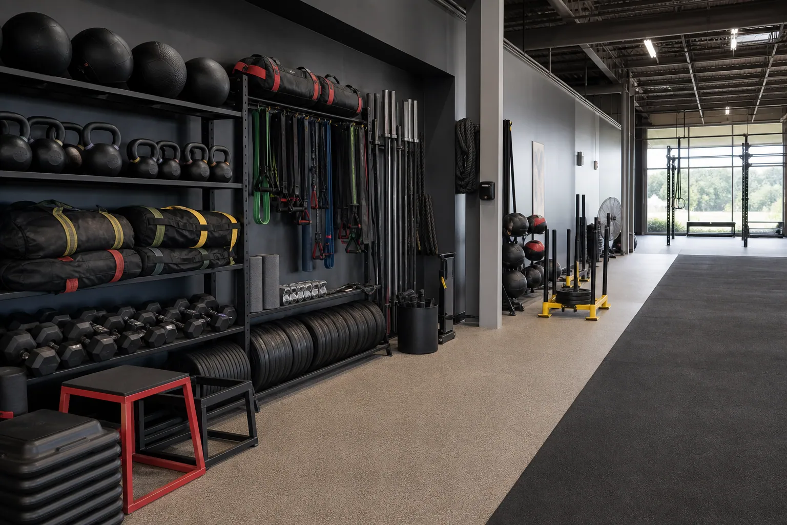 Organized functional training storage with kettlebells, wall balls, sandbags and weight plates