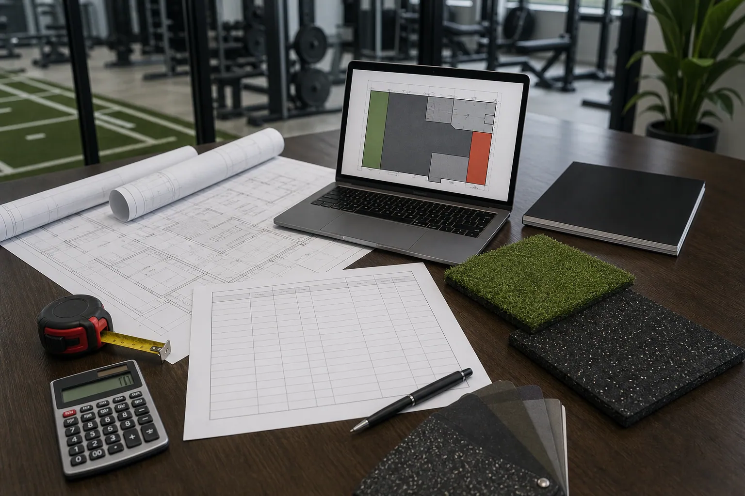 Commercial gym investment planning workspace with floor plan, equipment zones and flooring samples