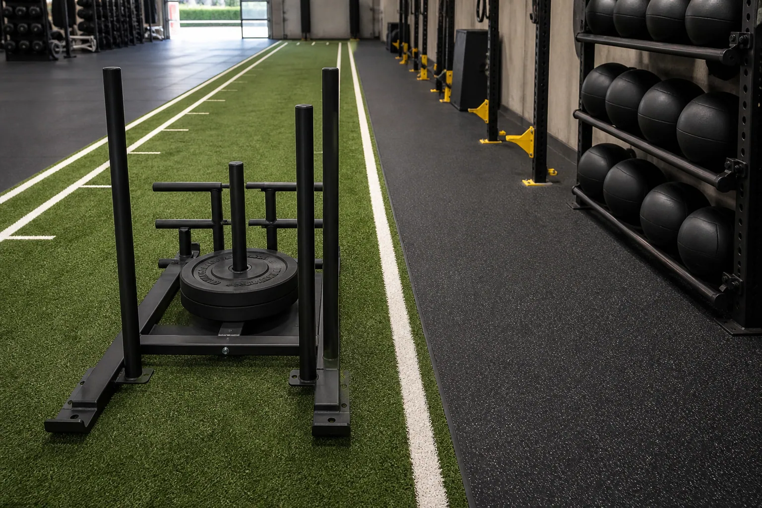 Commercial sled positioned on a dedicated turf lane beside rubber gym flooring