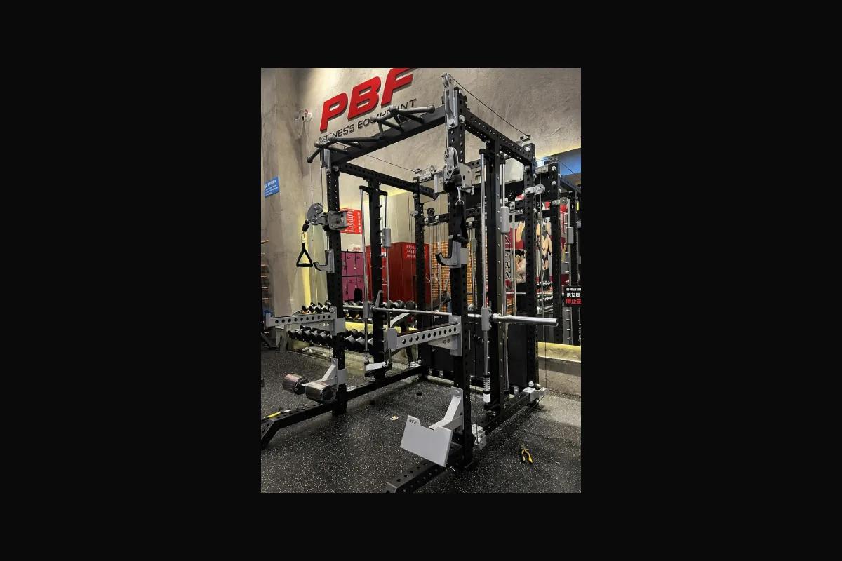 Functional trainer and free weight corner in compact gym