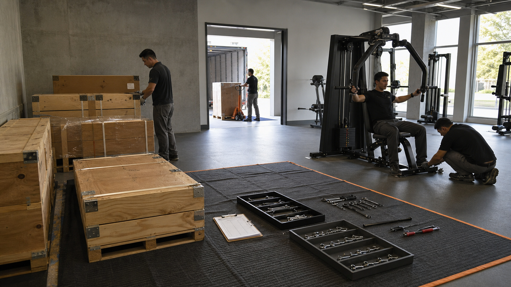 Controllo dell'imballaggio per container misti di attrezzature fitness — Concetto generato solo per spiegare la pianificazione