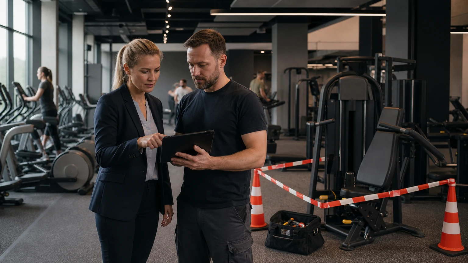 Beschaffungsleiterin und Servicetechniker prüfen die Servicekontinuität eines Fitnessgeräts