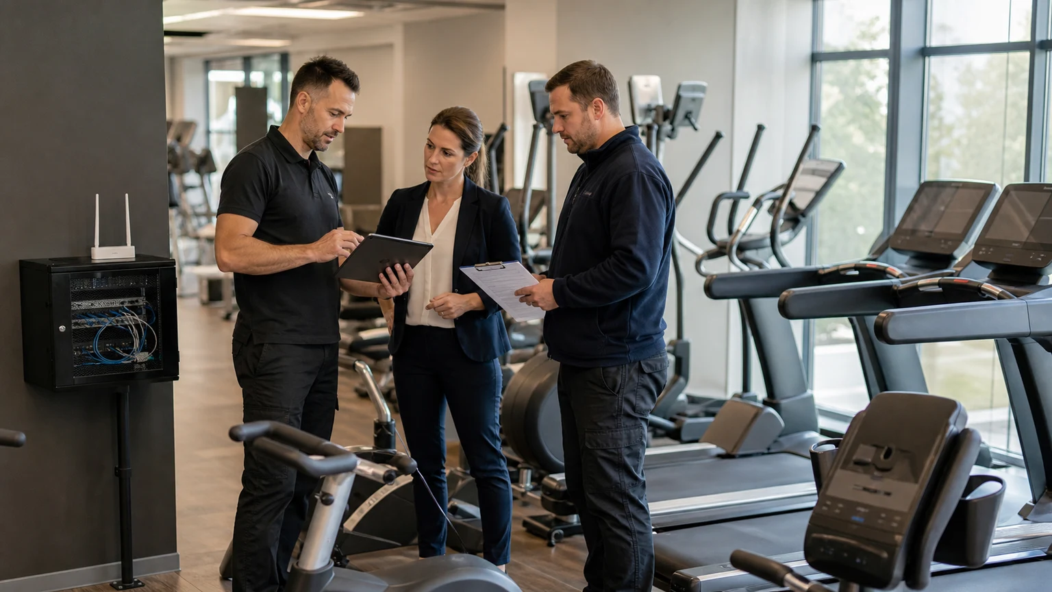 Responsabile palestra, tecnico di rete e installatore collaudano console cardio connesse