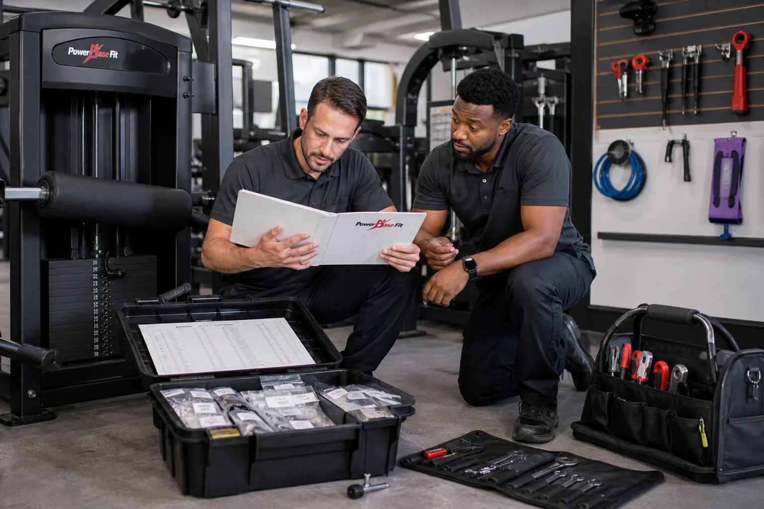 Multi-location gym maintenance team reviewing equipment records and parts