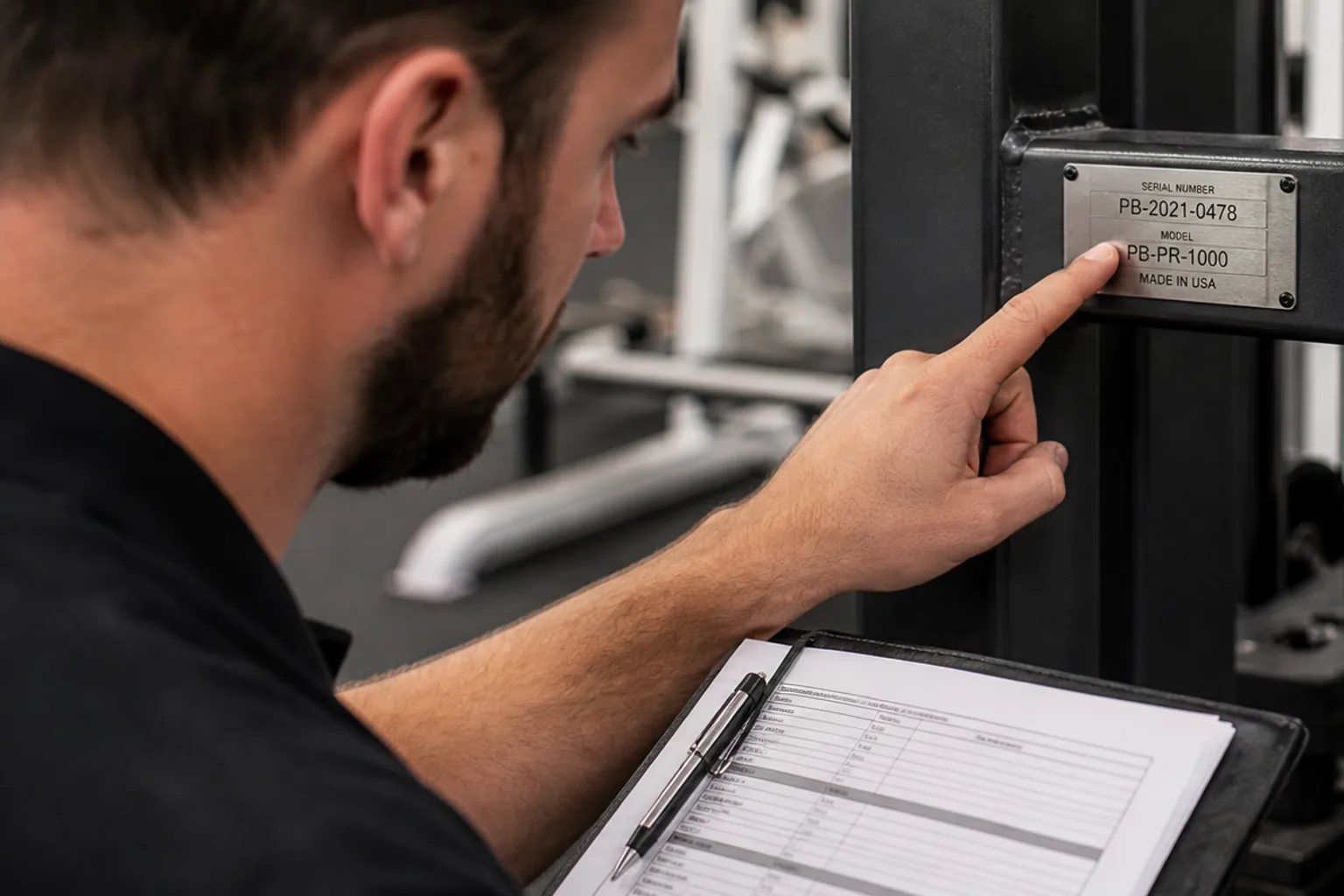 Commercial gym machine serial label and durable asset tag being verified