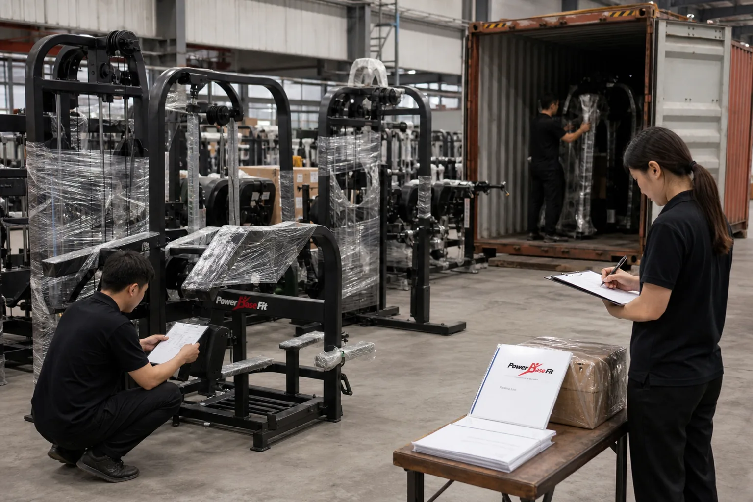 Export gym equipment order staged by model before container loading