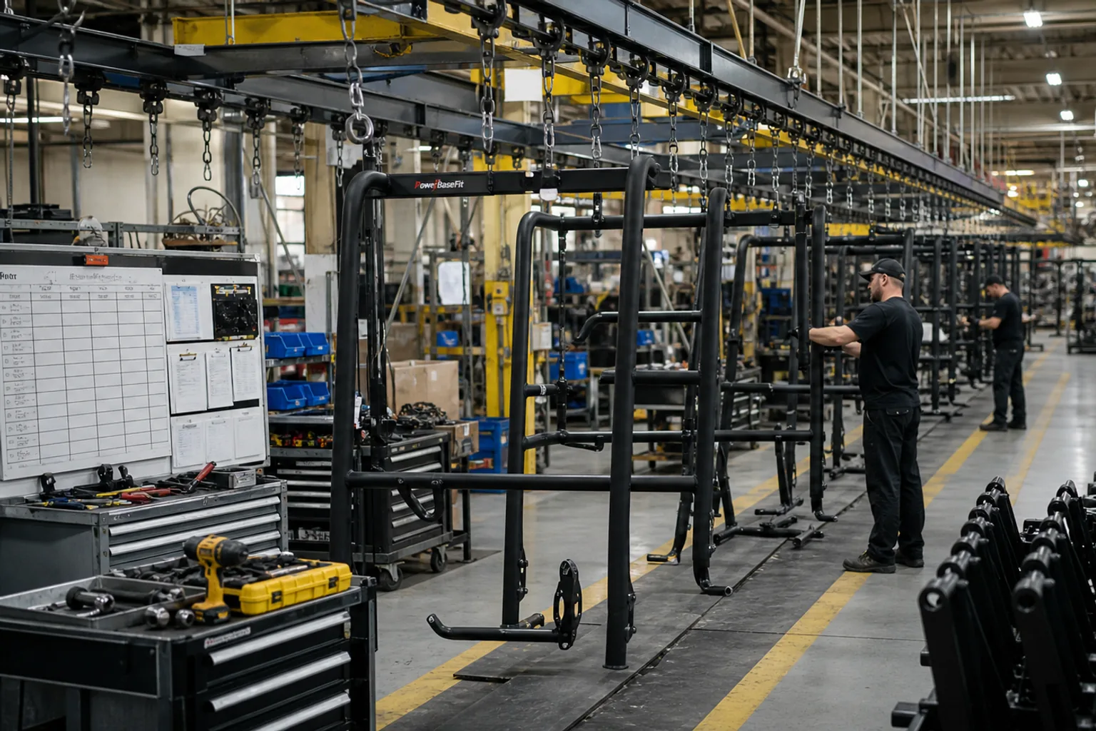 Commercial strength equipment frames moving through organized powder coating and assembly stages