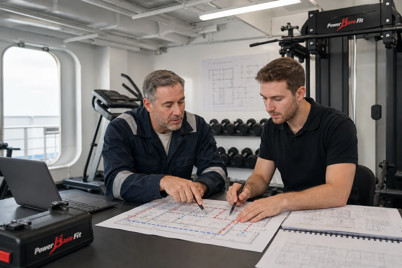 Marine facility gym planning with equipment layout access and restraint review