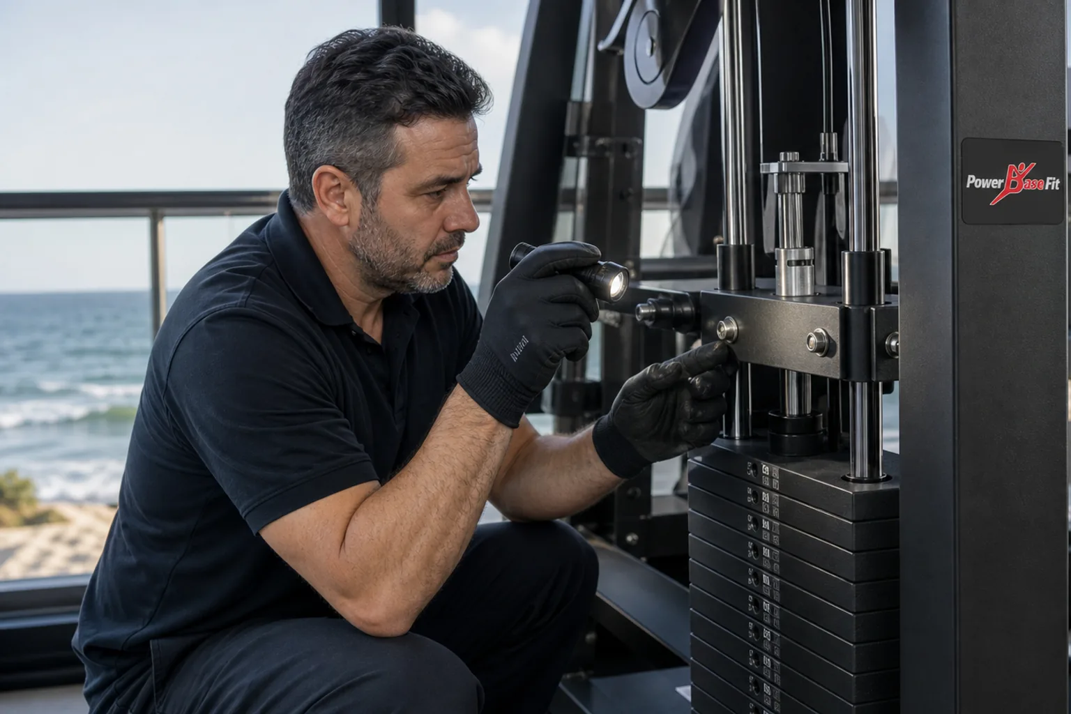Technician inspecting fasteners coating joints and guide rods on coastal gym equipment