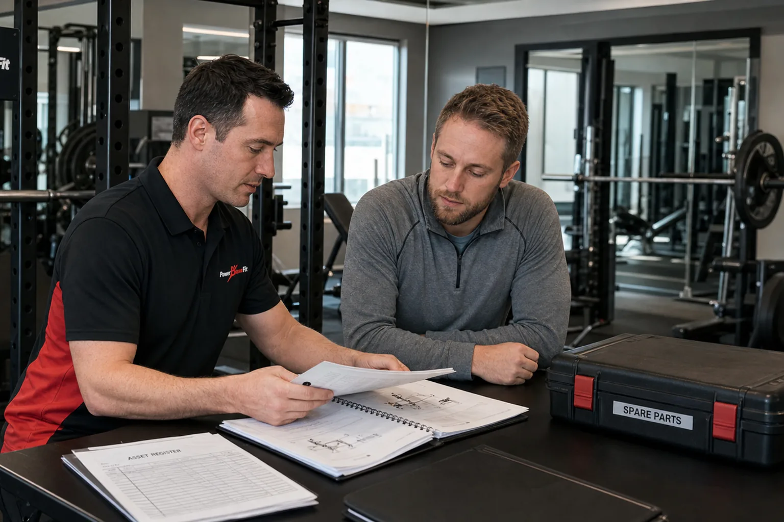 Commercial gym handover meeting with asset register manuals and spare parts