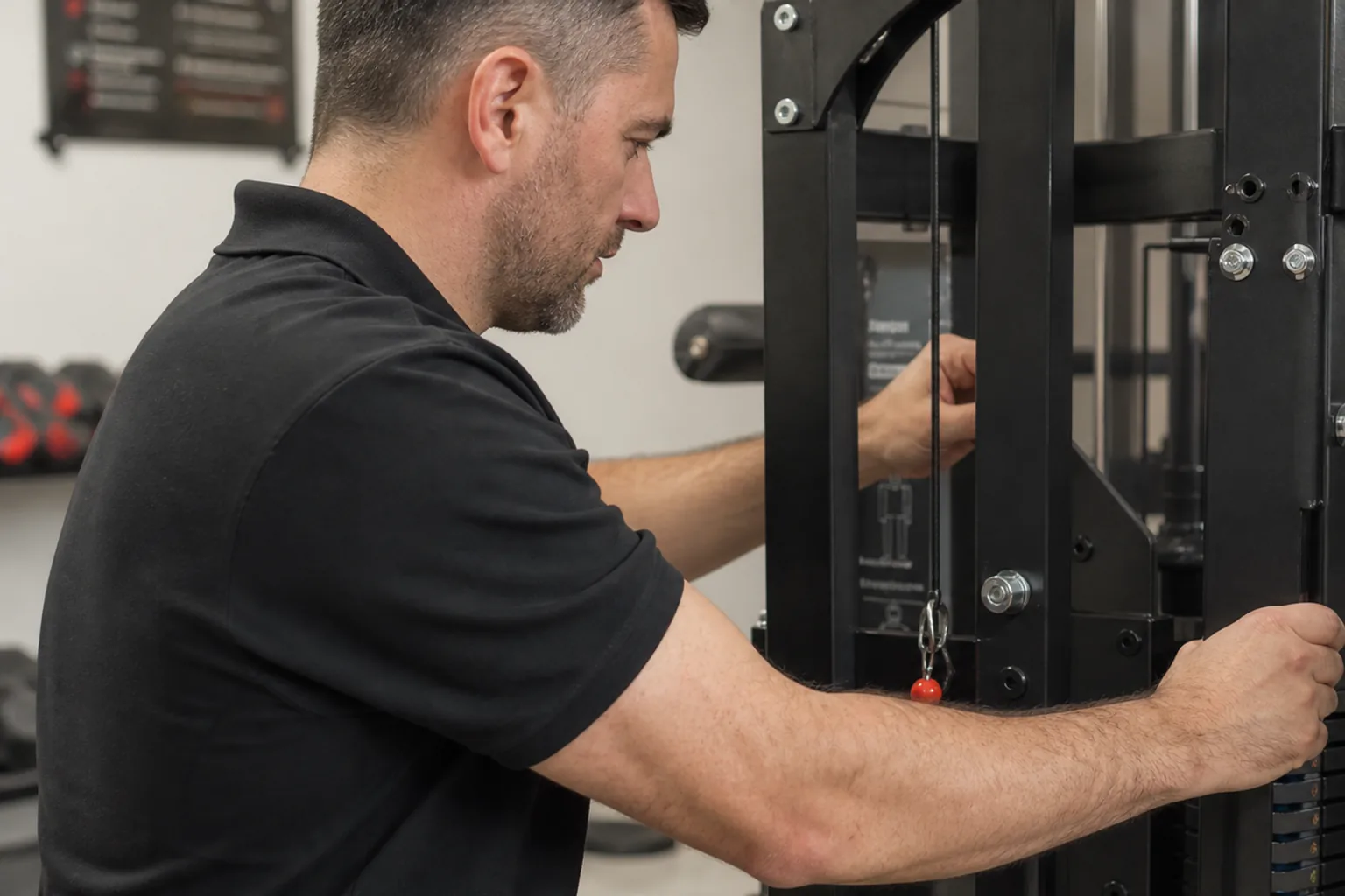 Technician checking fasteners cable tension and adjustment locks on commercial strength equipment