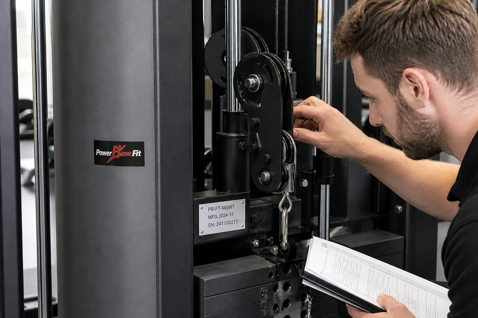 Close inspection of cable routing fasteners and serial label on a commercial strength machine