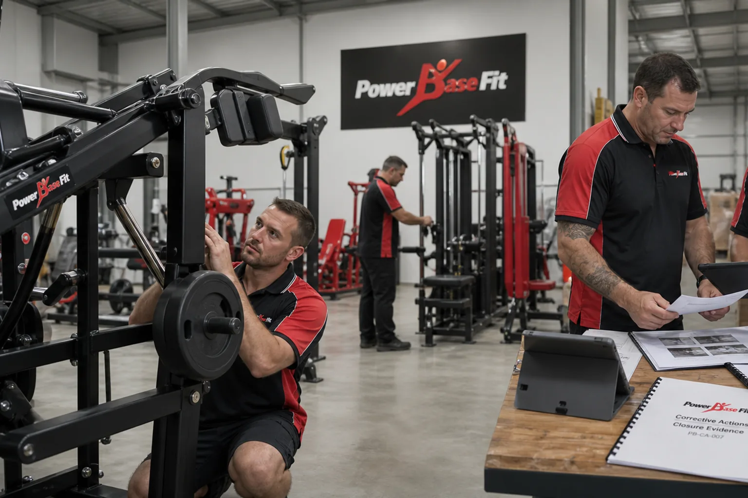 Factory team verifying corrected commercial gym equipment before export packing
