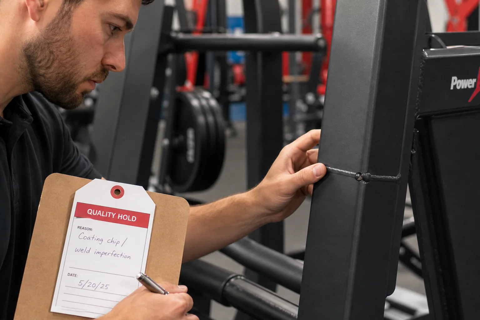 Close inspection of gym equipment weld finish and controlled quality status tag