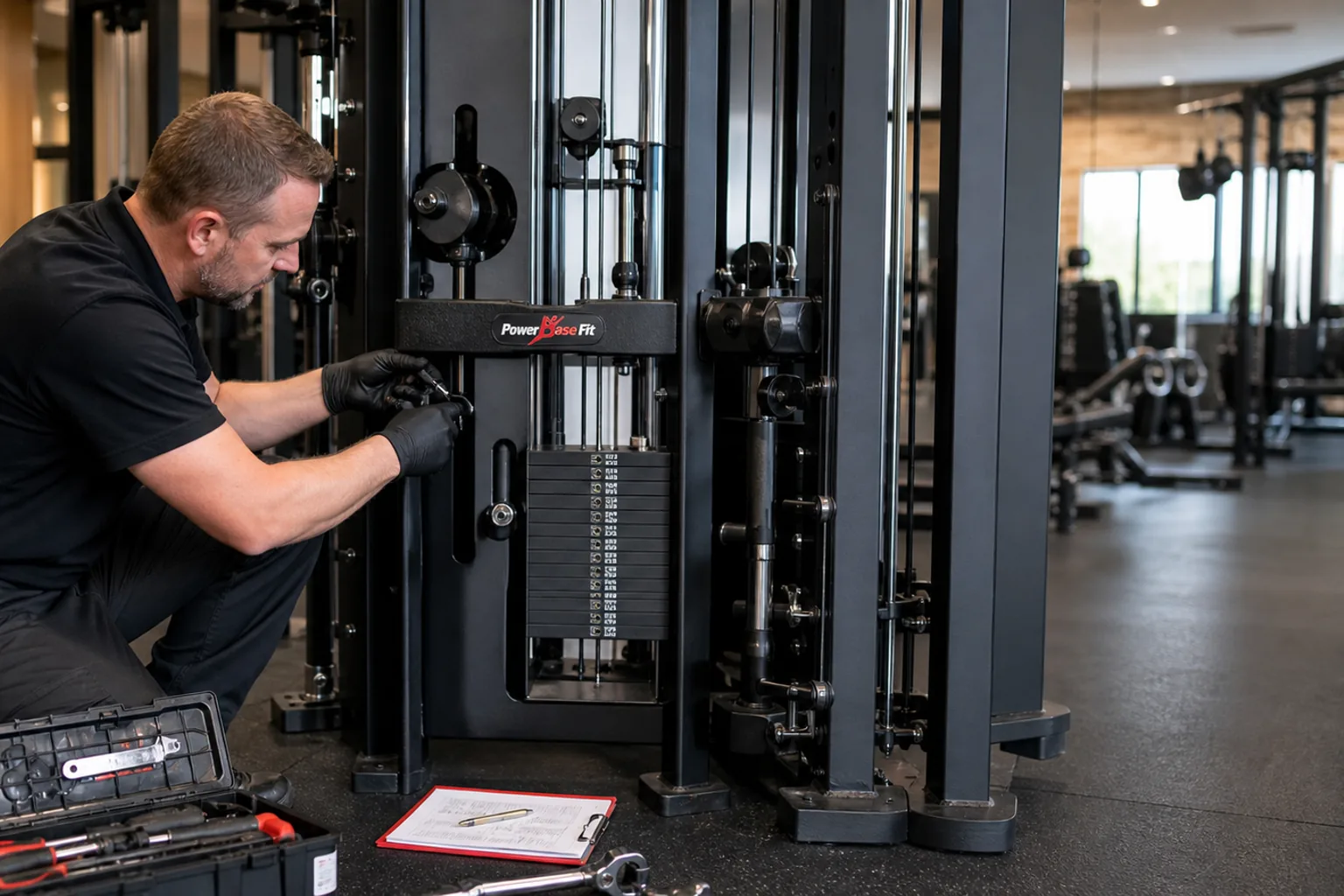 Distributor technician servicing a commercial cable machine at a gym