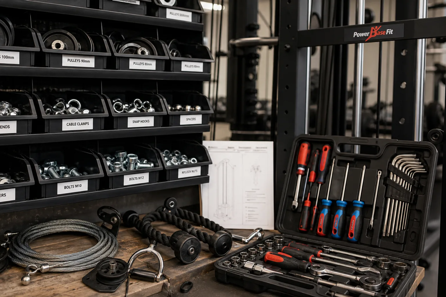 Labeled gym equipment spare parts bins and technician field tool kit