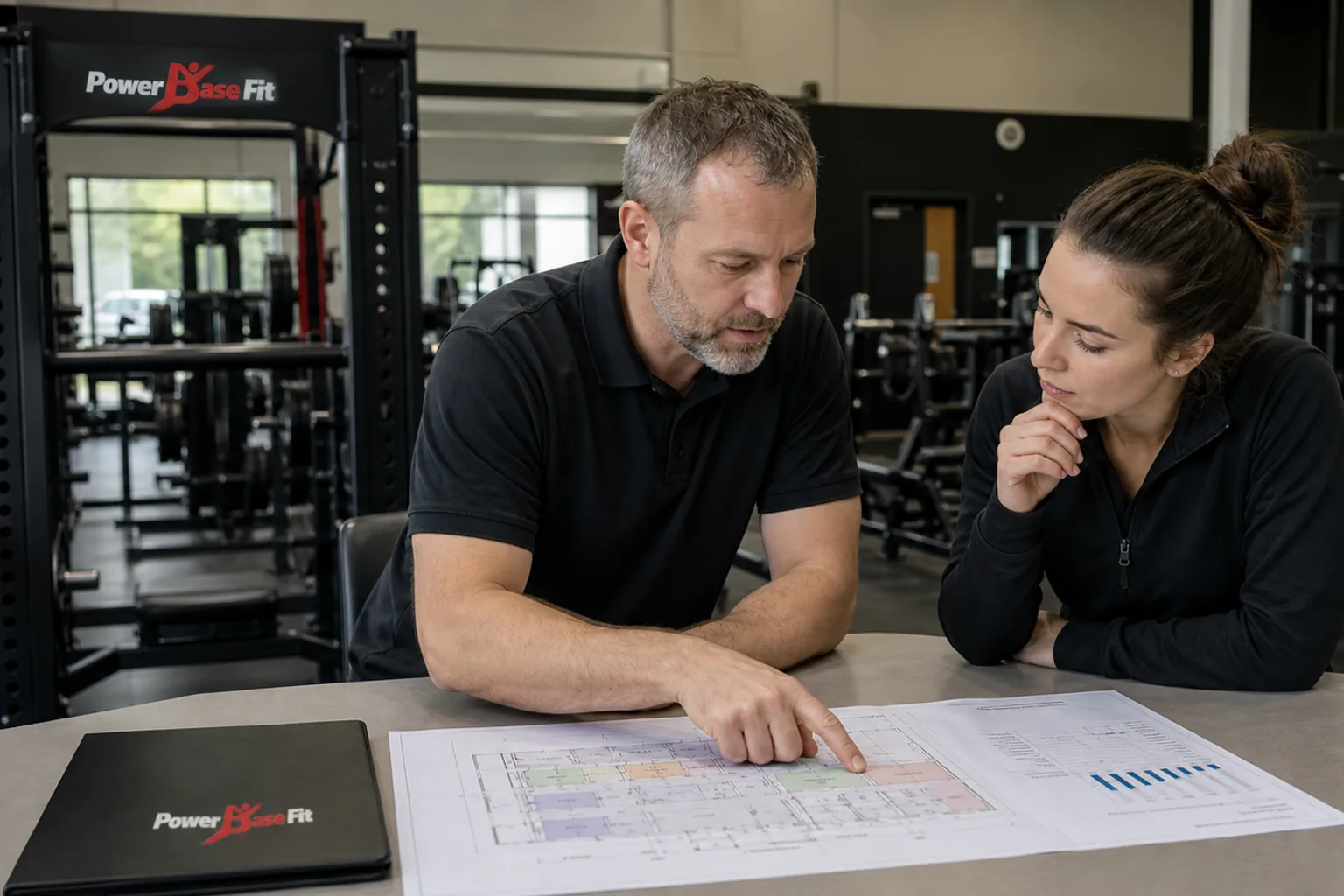 Gym expansion planning meeting with floor map and equipment usage observations