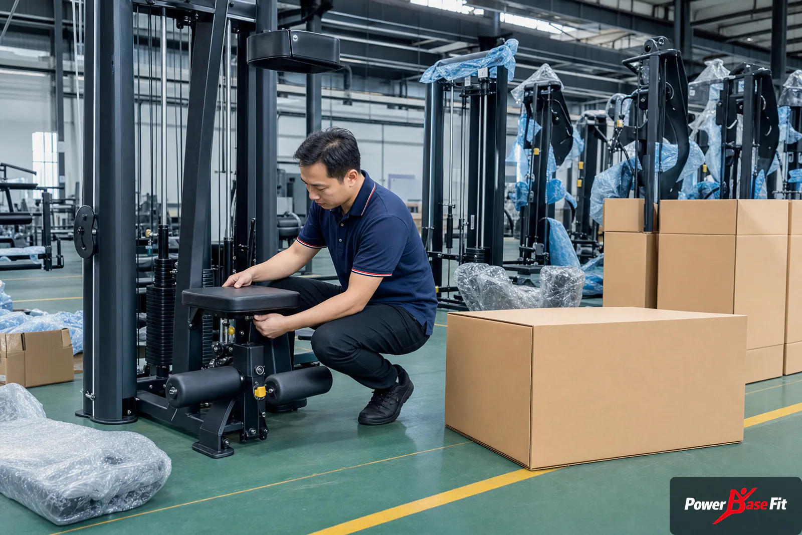 Factory inspection and protected packing of commercial gym equipment for a community fitness facility