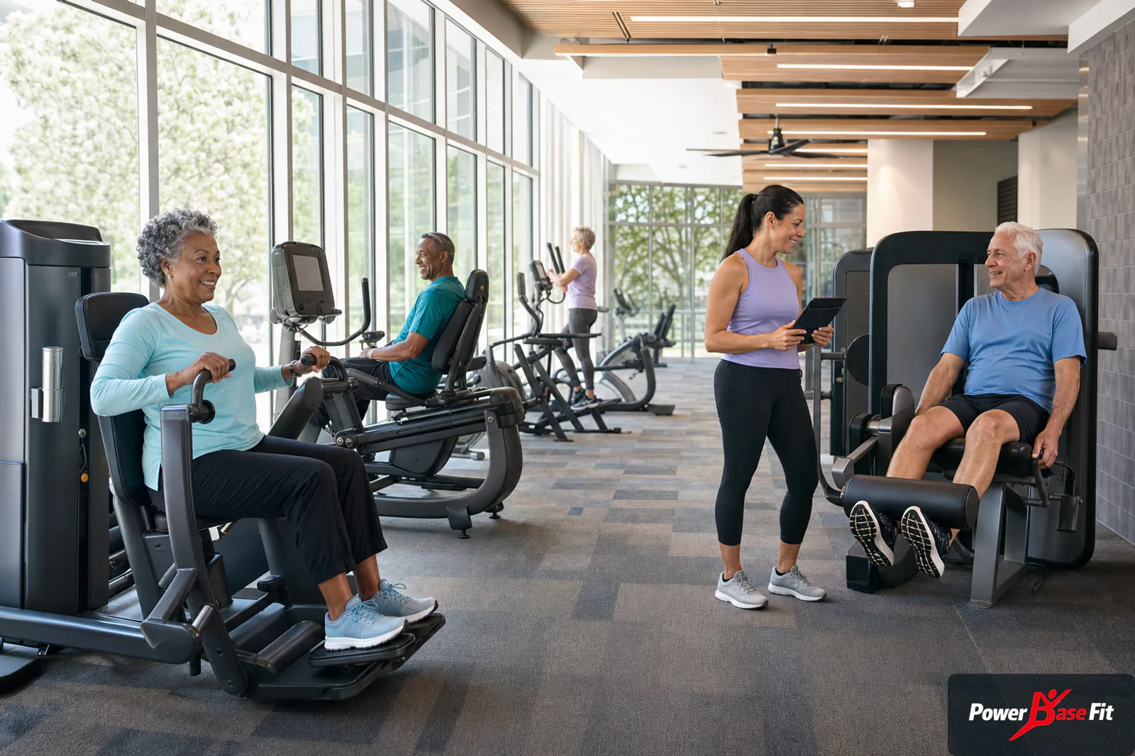 Accessible community fitness facility with commercial strength and cardio equipment for active older adults